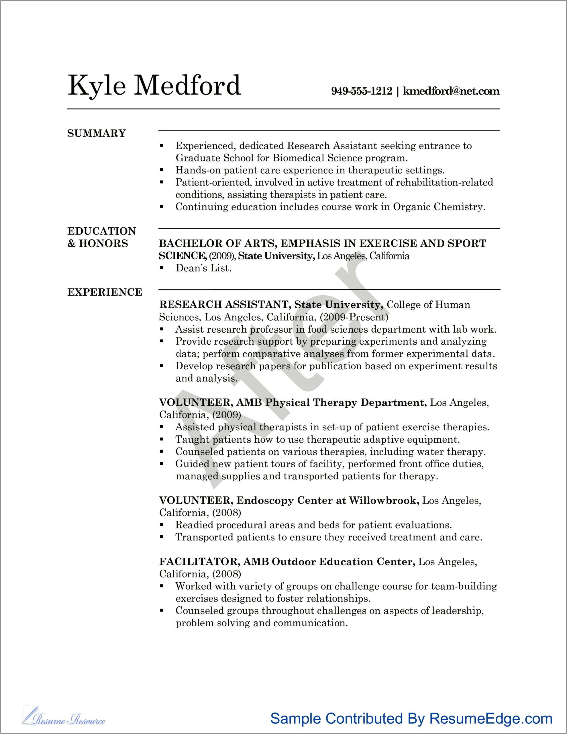 No Work Experience Resume For Research Assistant