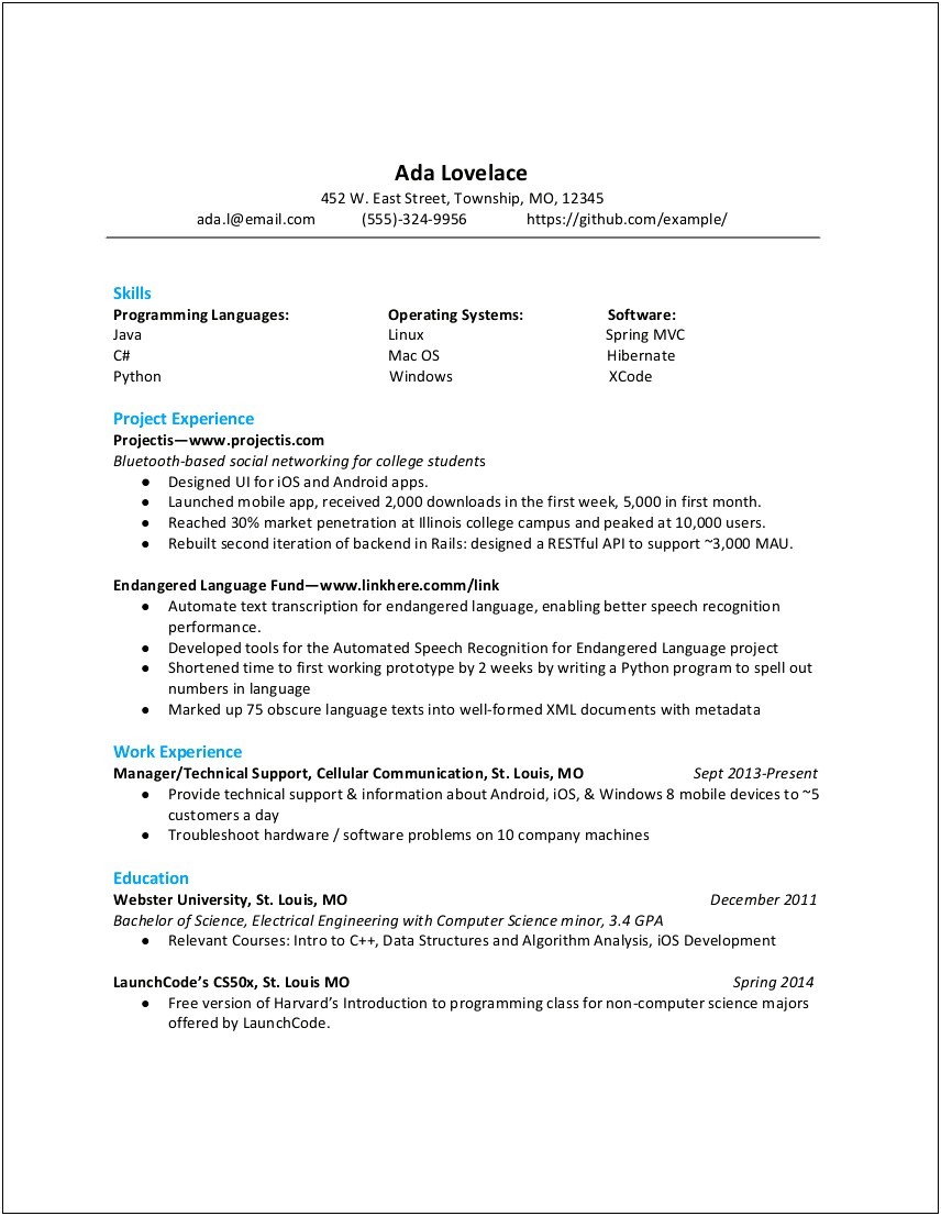Non Experience Resume For Computer Science