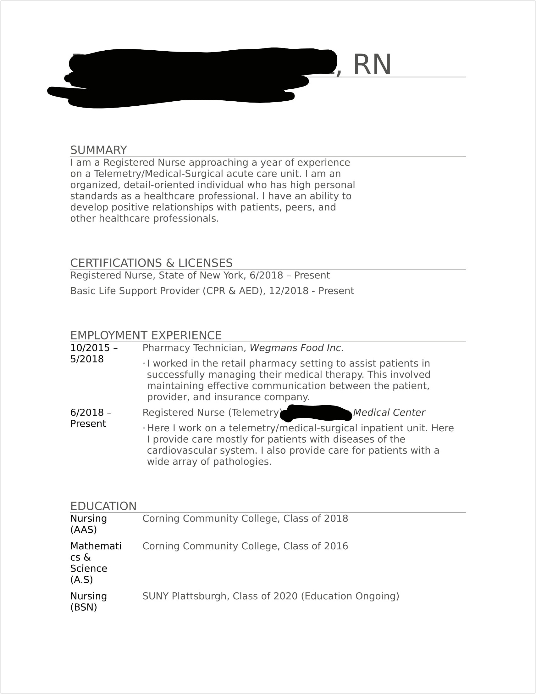 Nurse Resume With 1 Year Of Experience