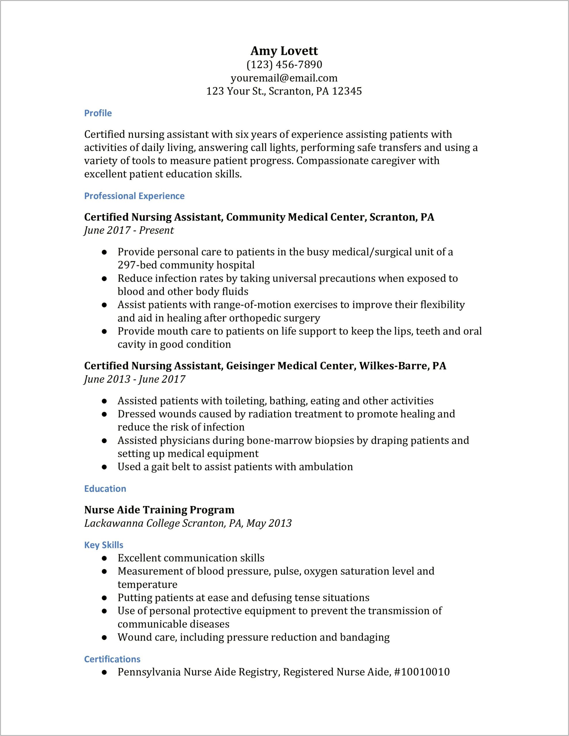 Nurse's Aide Job Description For Resume