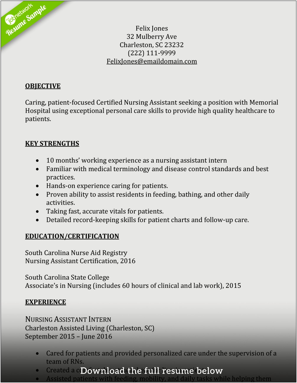 Nursing Assistant Job Descriptions For Resume