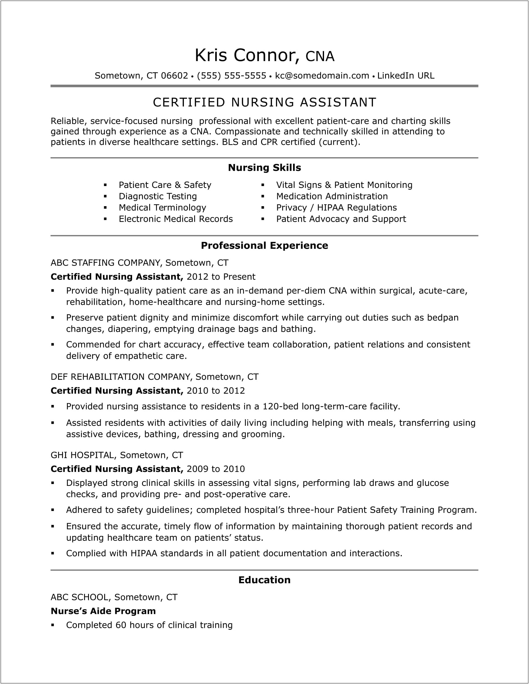 Nursing Assistant Resume Skills And Qualifications