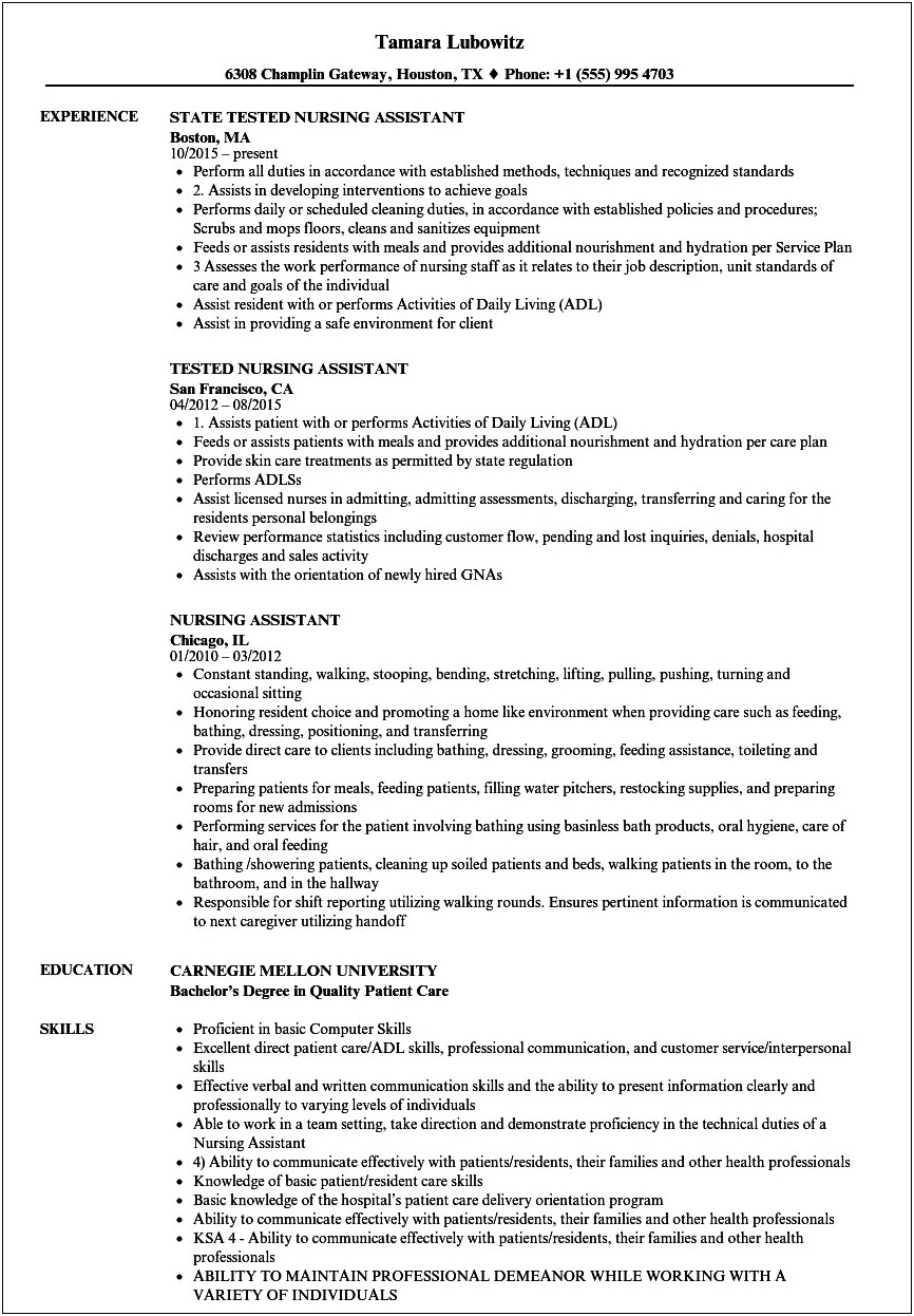 Nursing Assistant Sample Resume For Federal Government Job