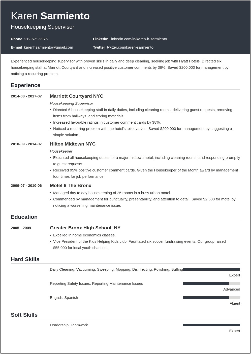 Nursing Home Housekeeper Job Description For Resume