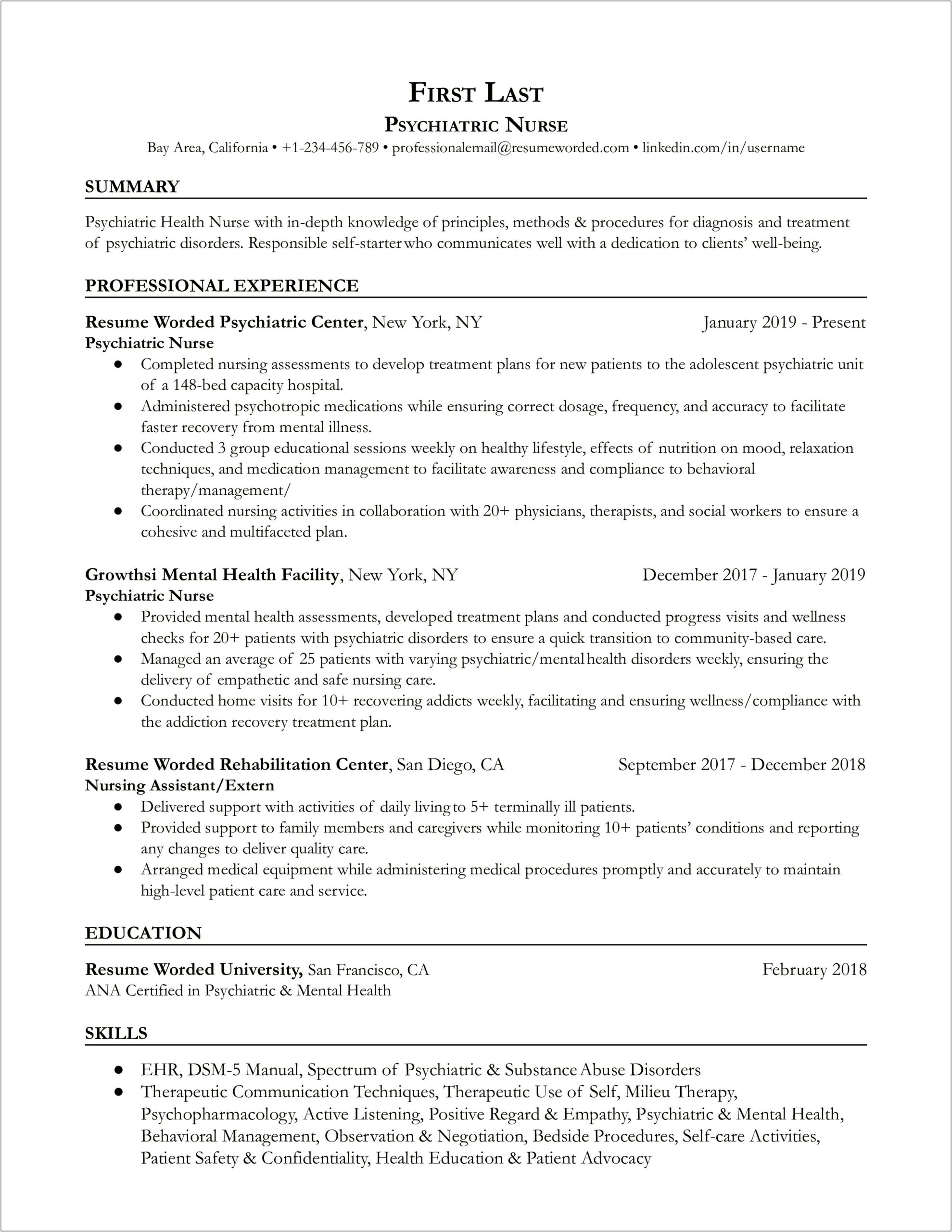 Nursing Mental Health Clinical Description Resume