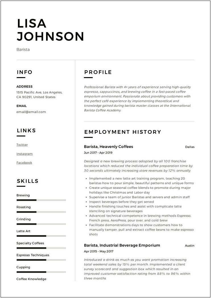 Object For Resume For Barista Job