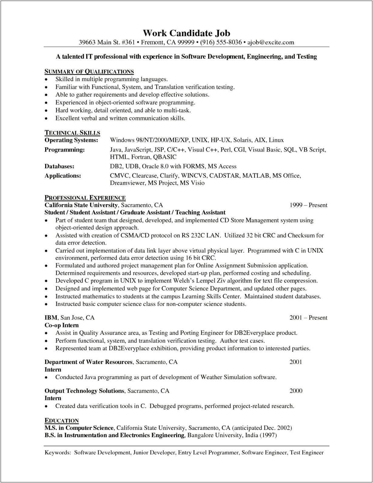 Object Oriented Programming Resume Entry Level