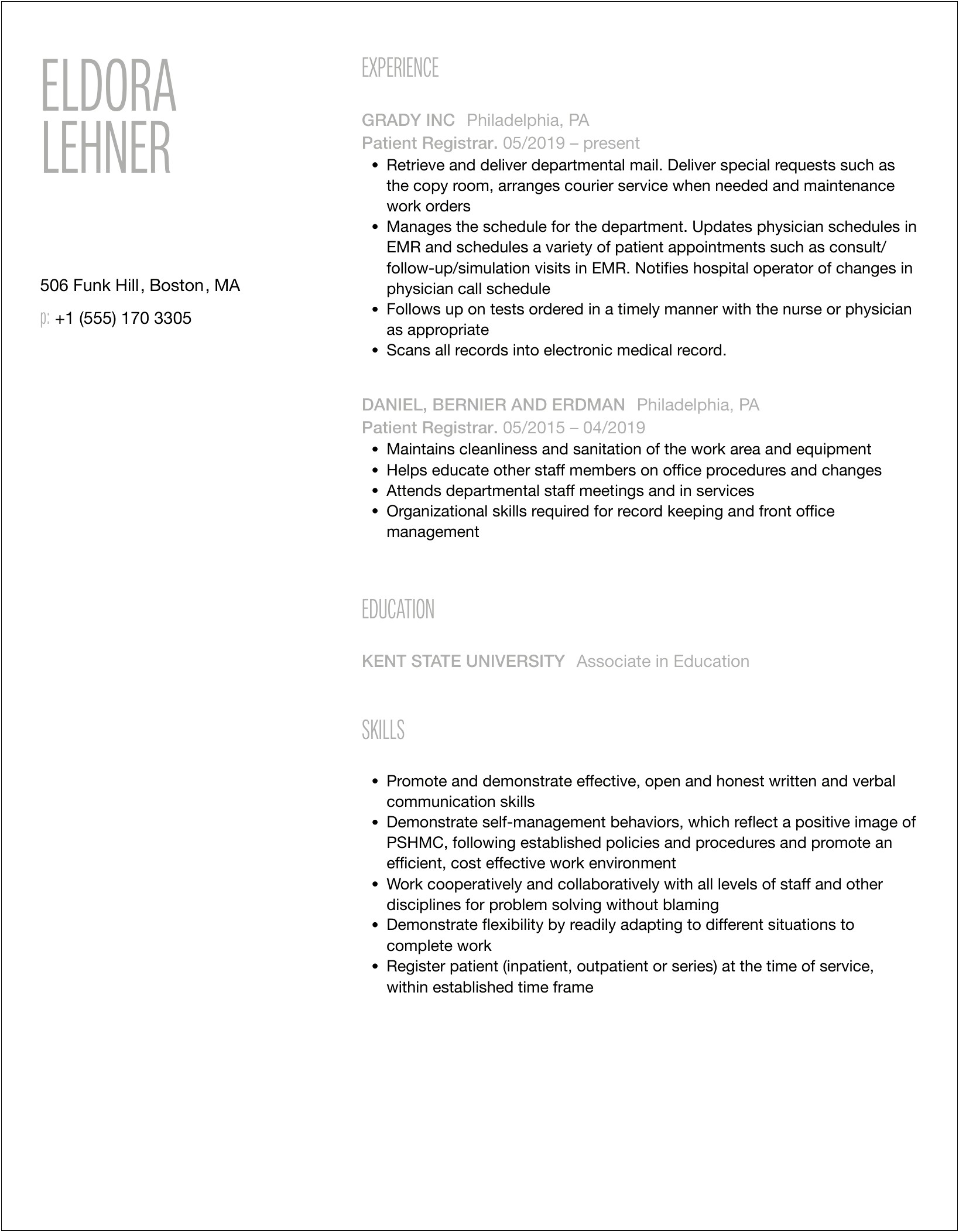 Objective Examples For Patient Registrar Resume