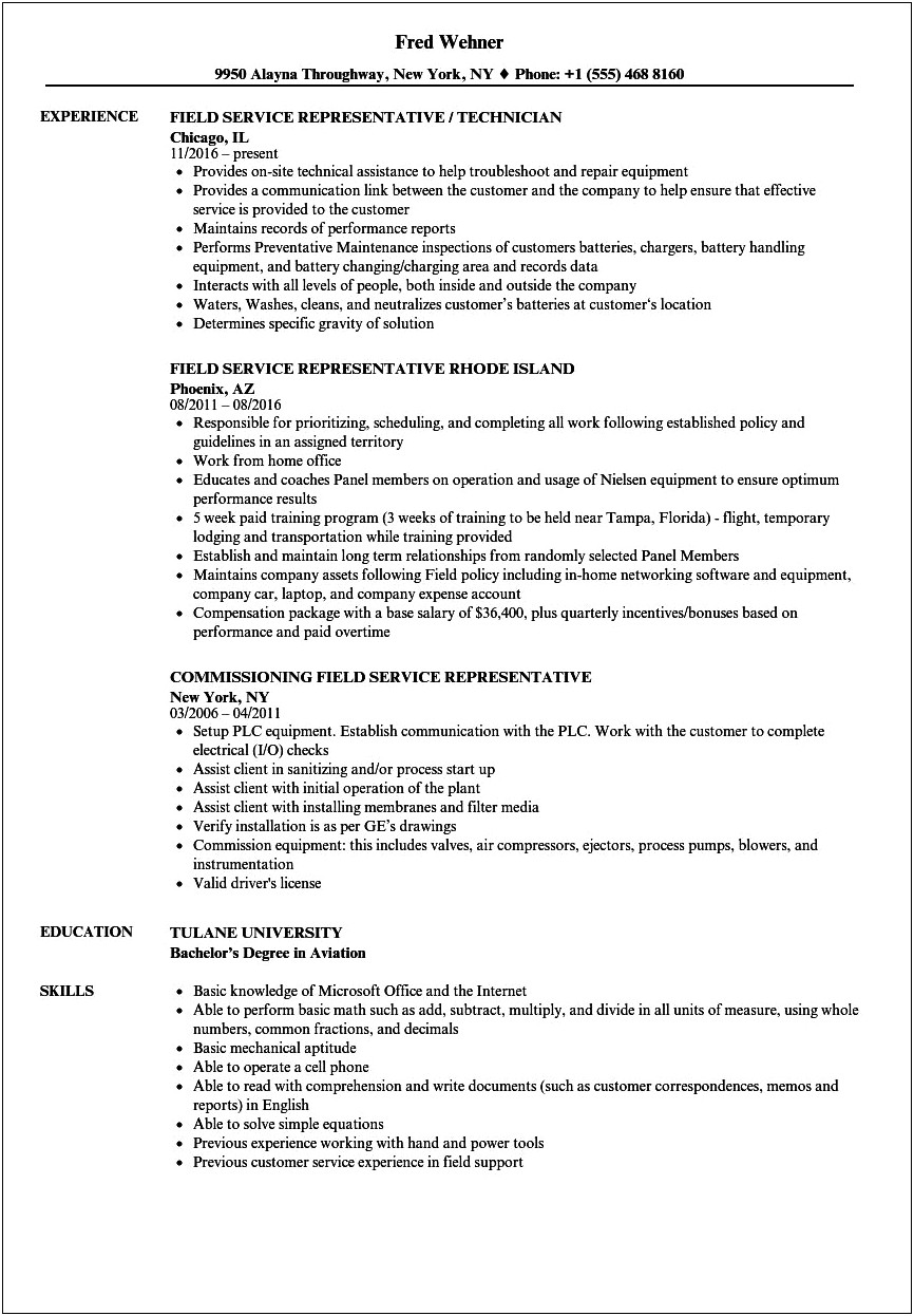 Objective Examples On Resume For Field Service Representative