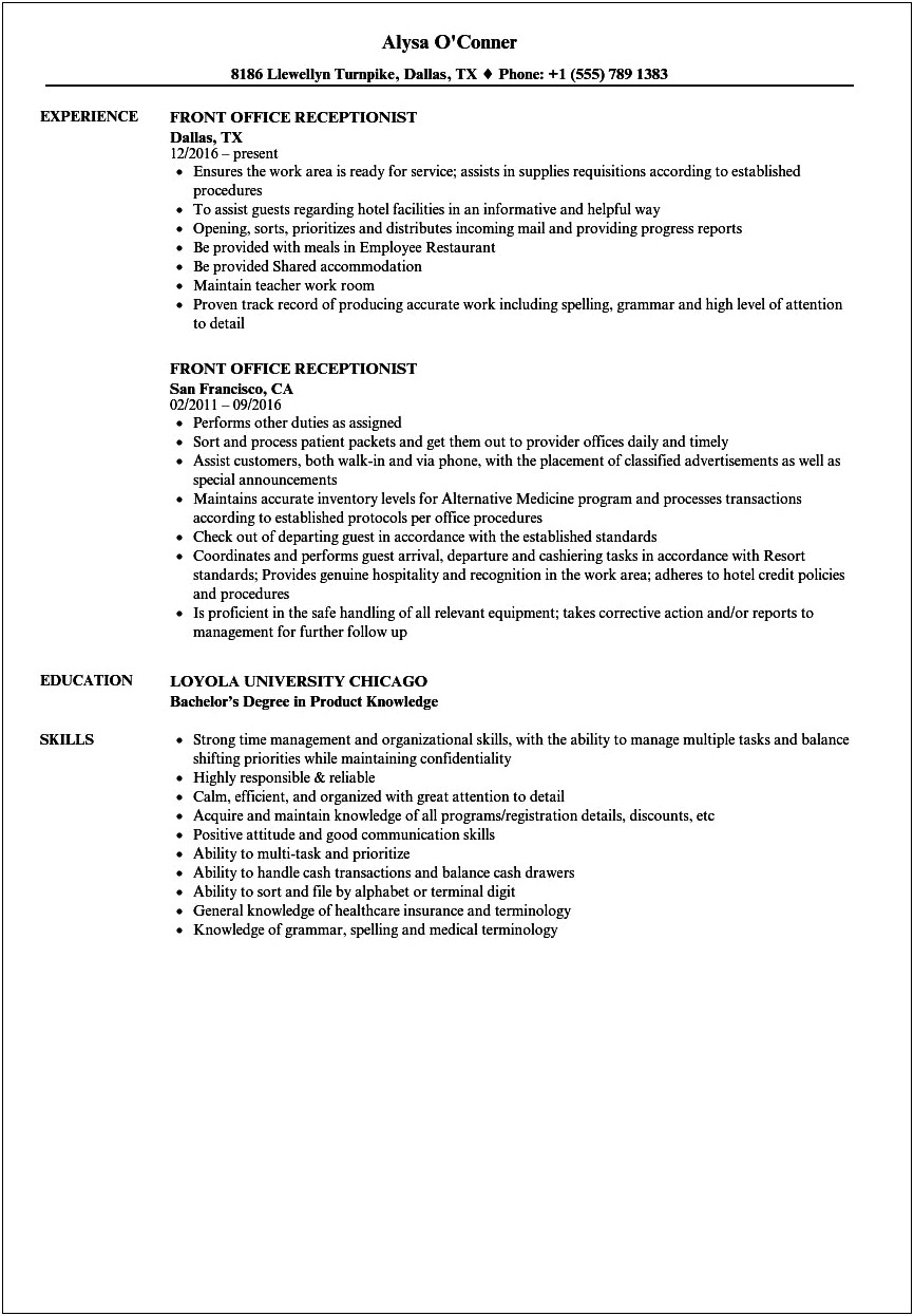 Objective For A Front Office Resume