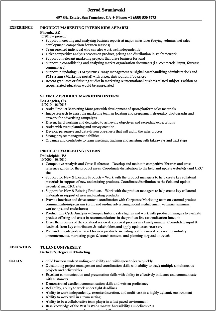 Objective For A Marketing Intern Resume