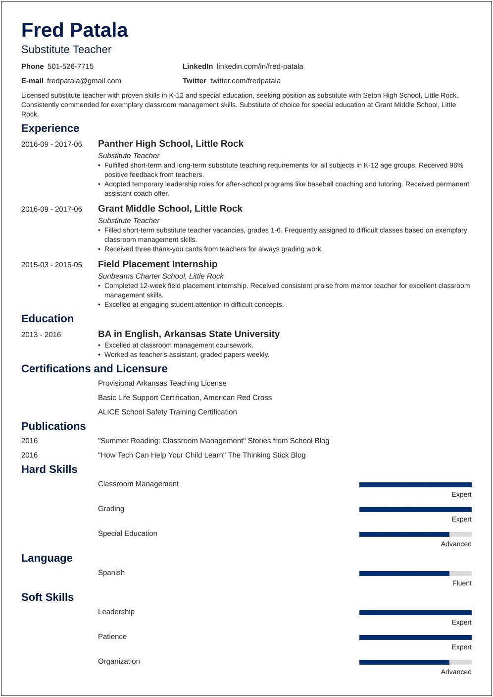 Objective For A Substitute Teacher Resume