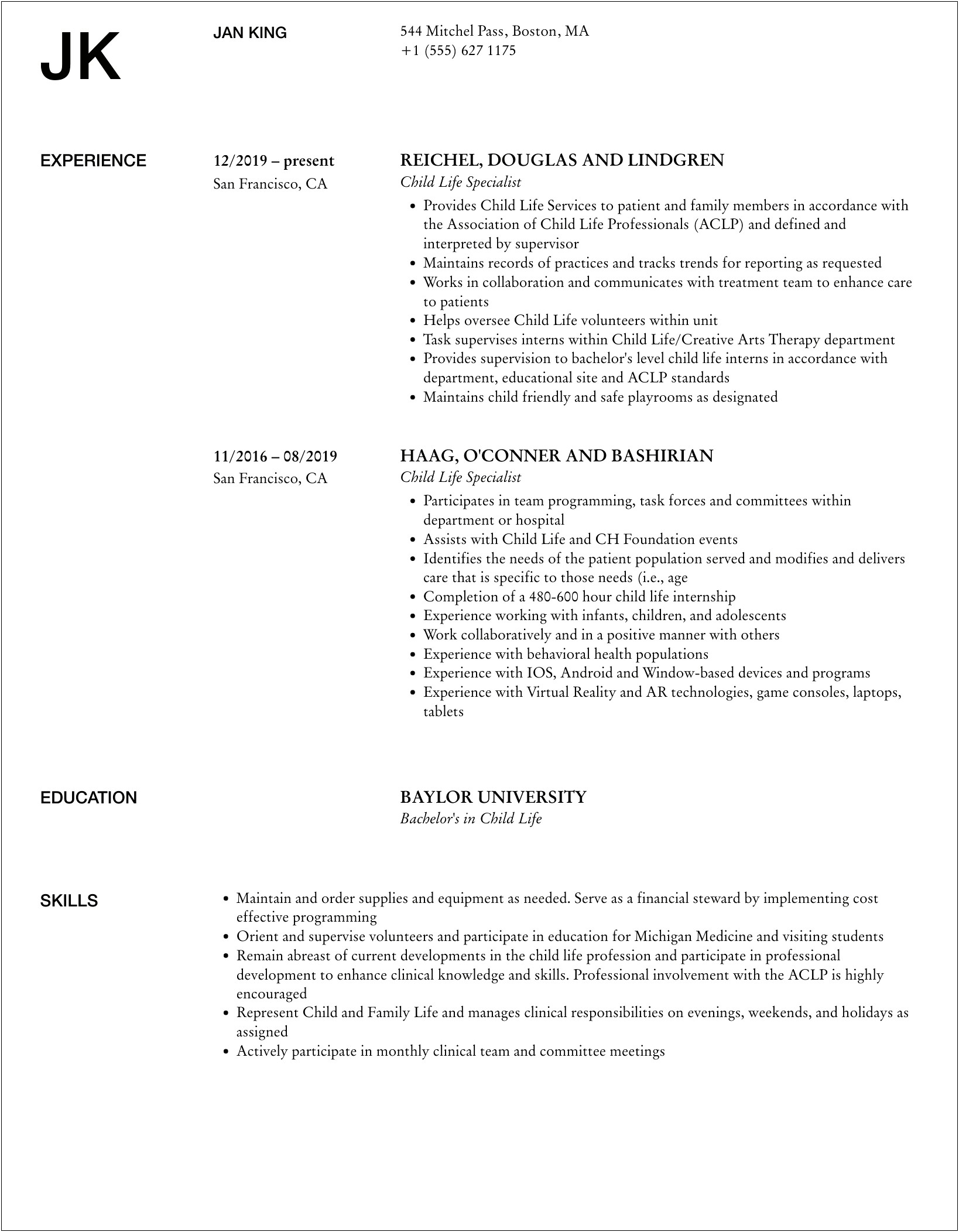 Objective For Child Life Specialist Resume
