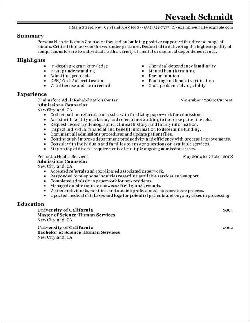 Objective For College Admission Counslor Resume