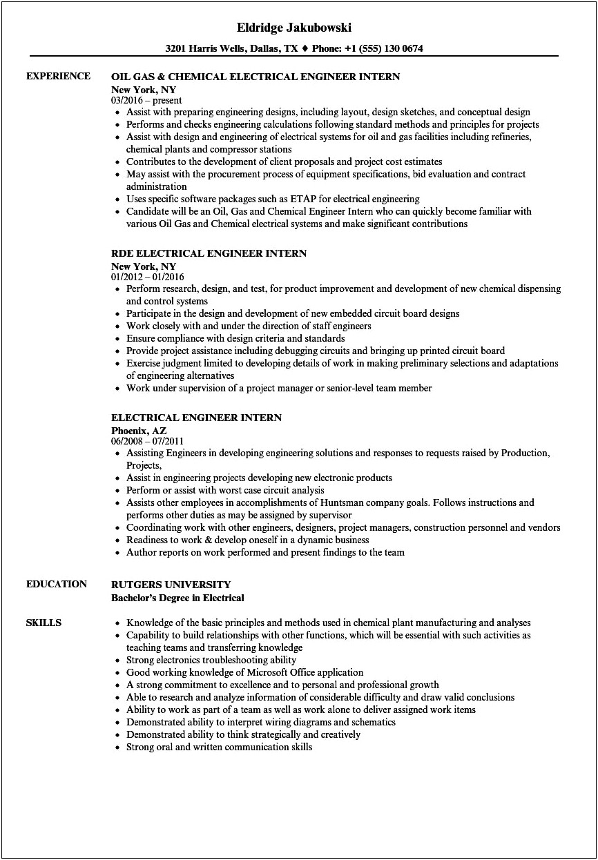 Objective For Electrical Engineering Internship Resume
