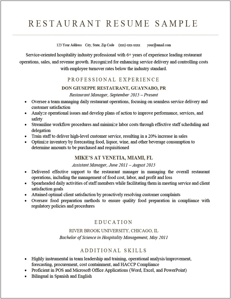 Objective For Fast Food Restaurant Resume