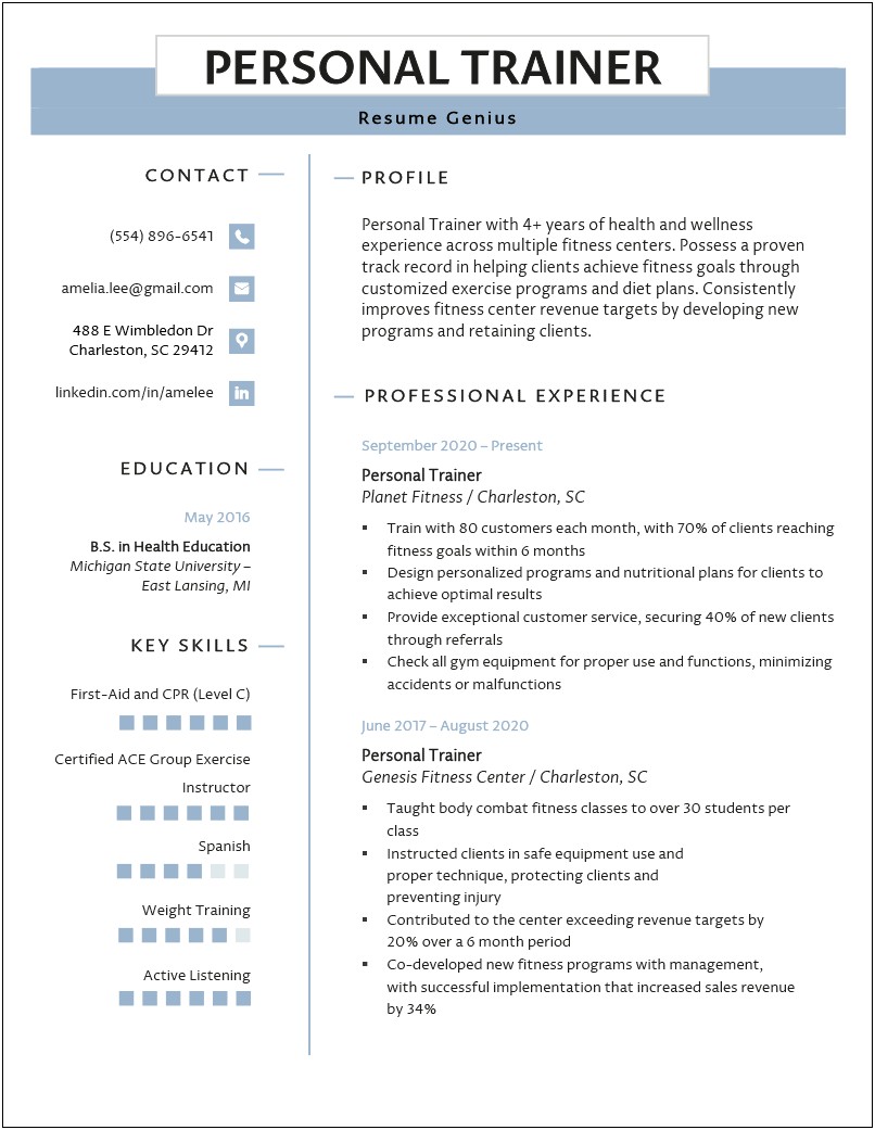 Objective For Health And Fitness Resume