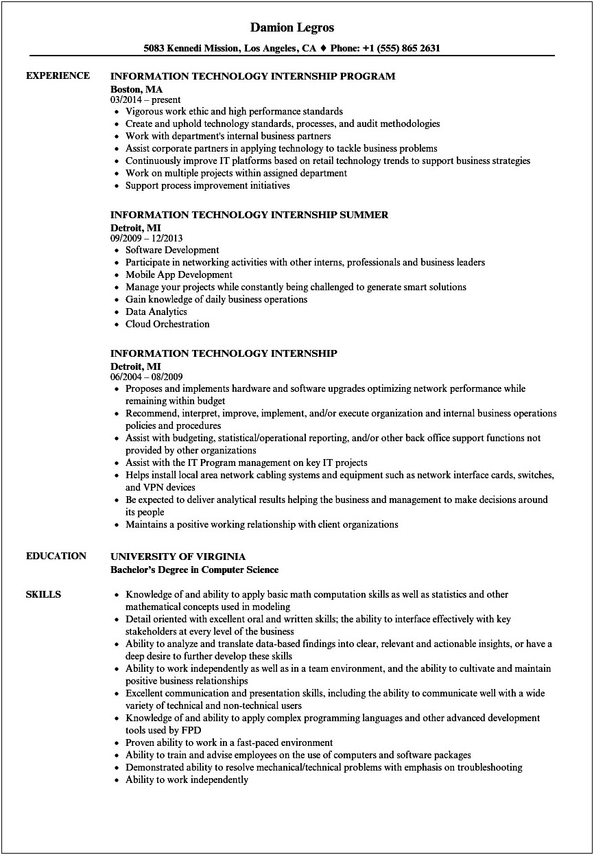 Objective For Internship Resume In Information Technology