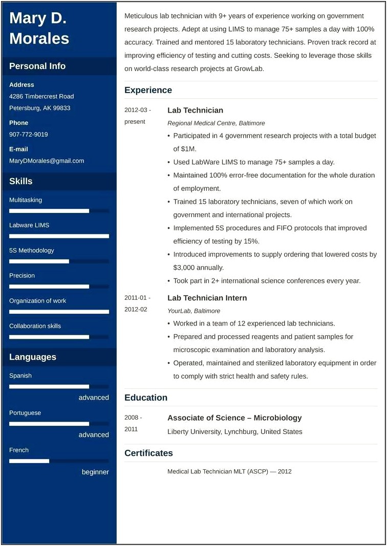 Objective For Medical Lab Technician Resume