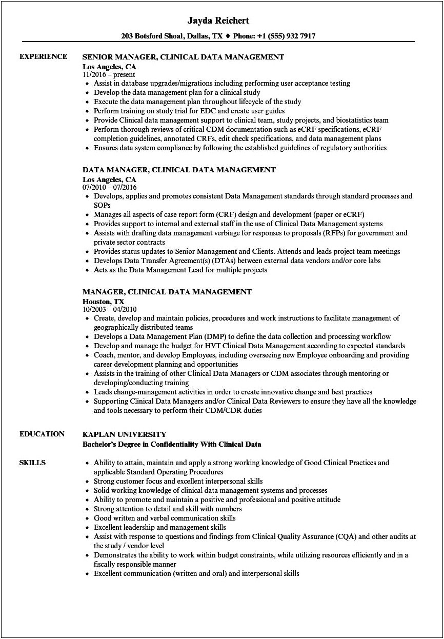 Objective For Resume For Clinical Data Management