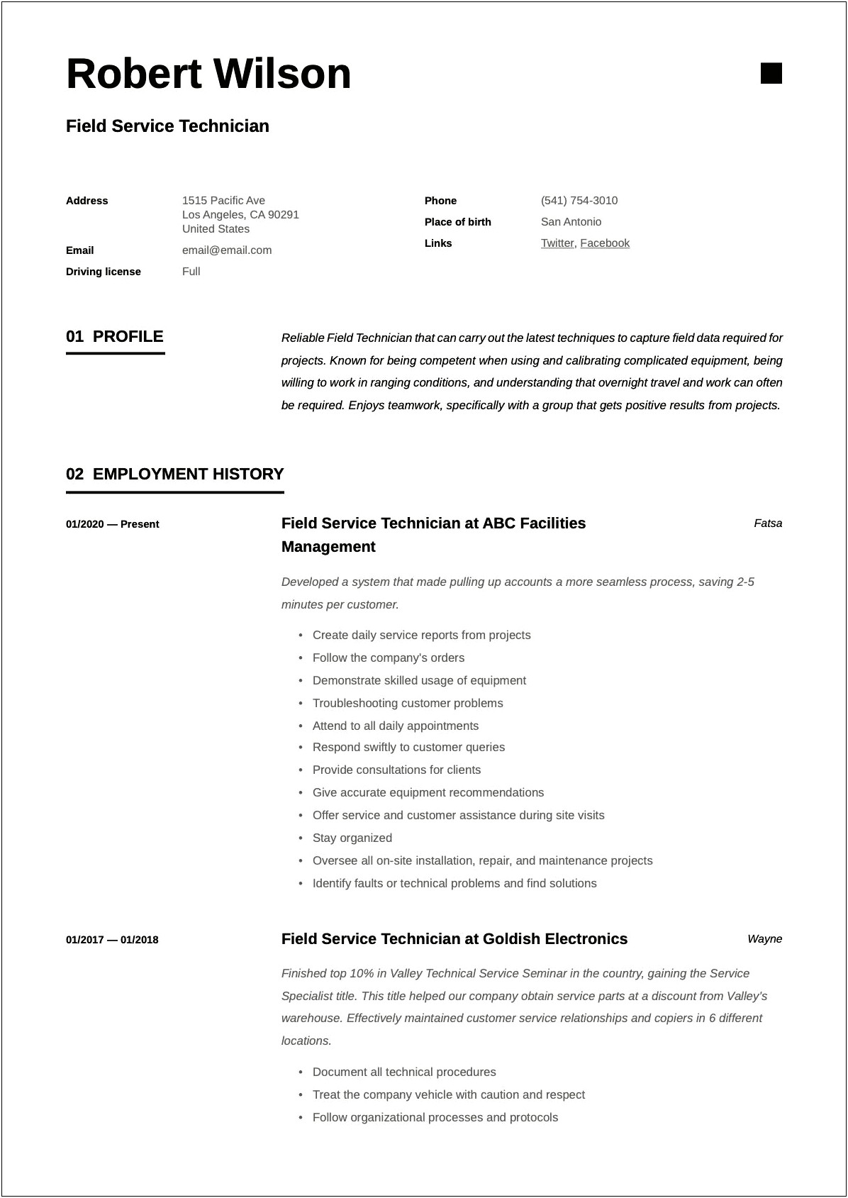 Objective For Resume For Field Service Technician