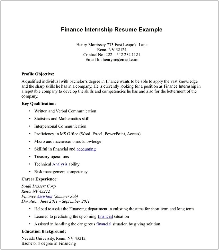 Objective For Resume For Finance Internship