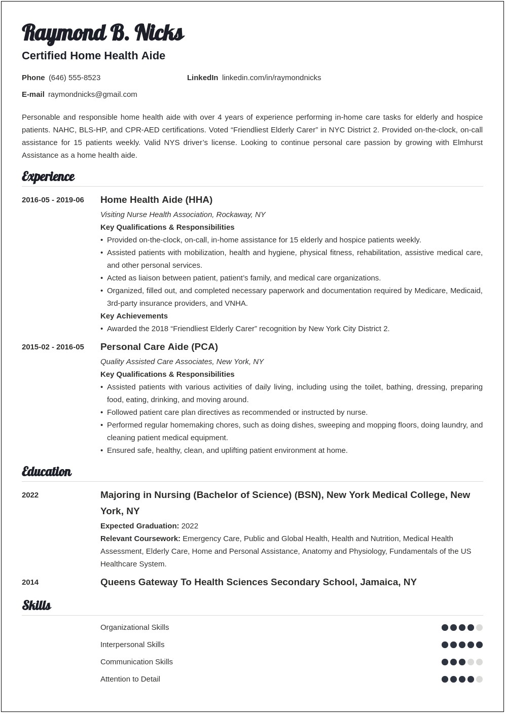 Objective For Resume For Home Health Care