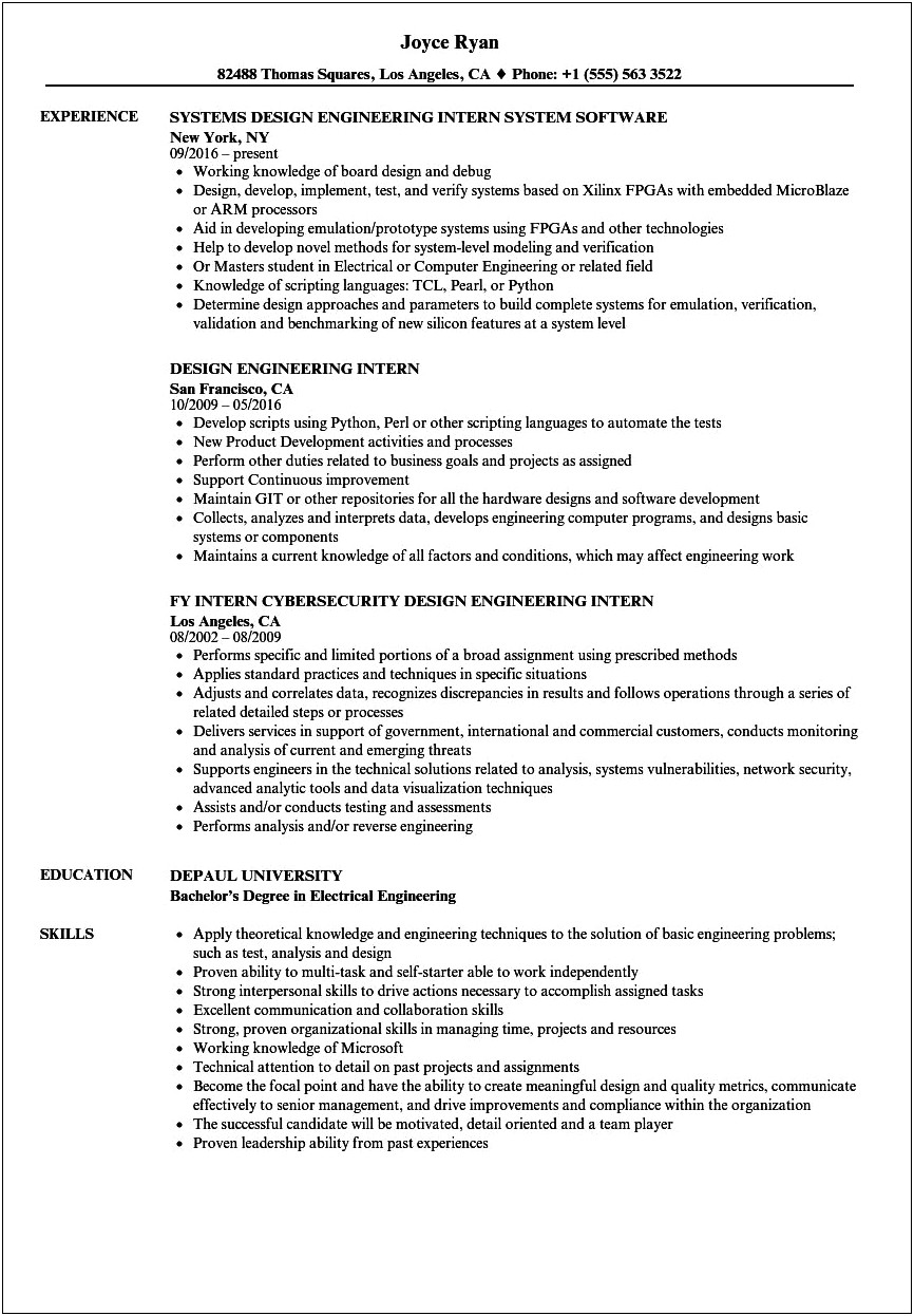 Objective For Resume For Internship For Engineers