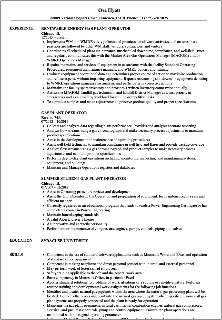 Objective For Resume For Plant Operator