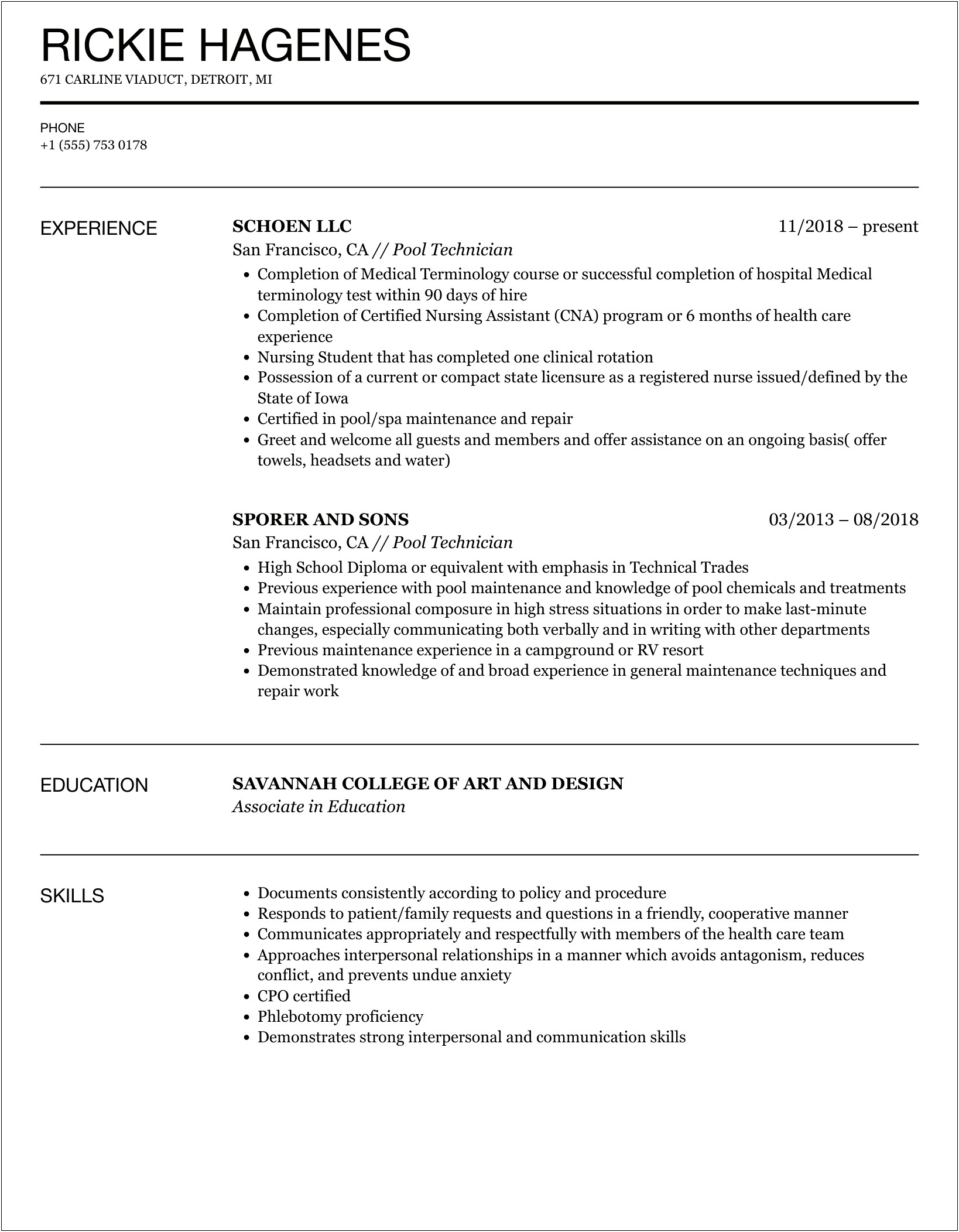 Objective For Resume For Pool Technician