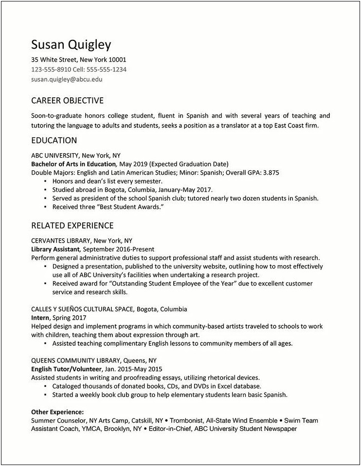 Objective For Resume For Recent College Graduate