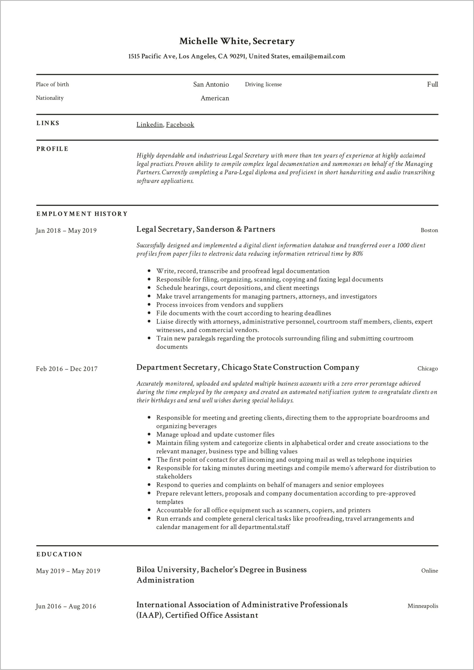 Objective For Resume For Secretary Position