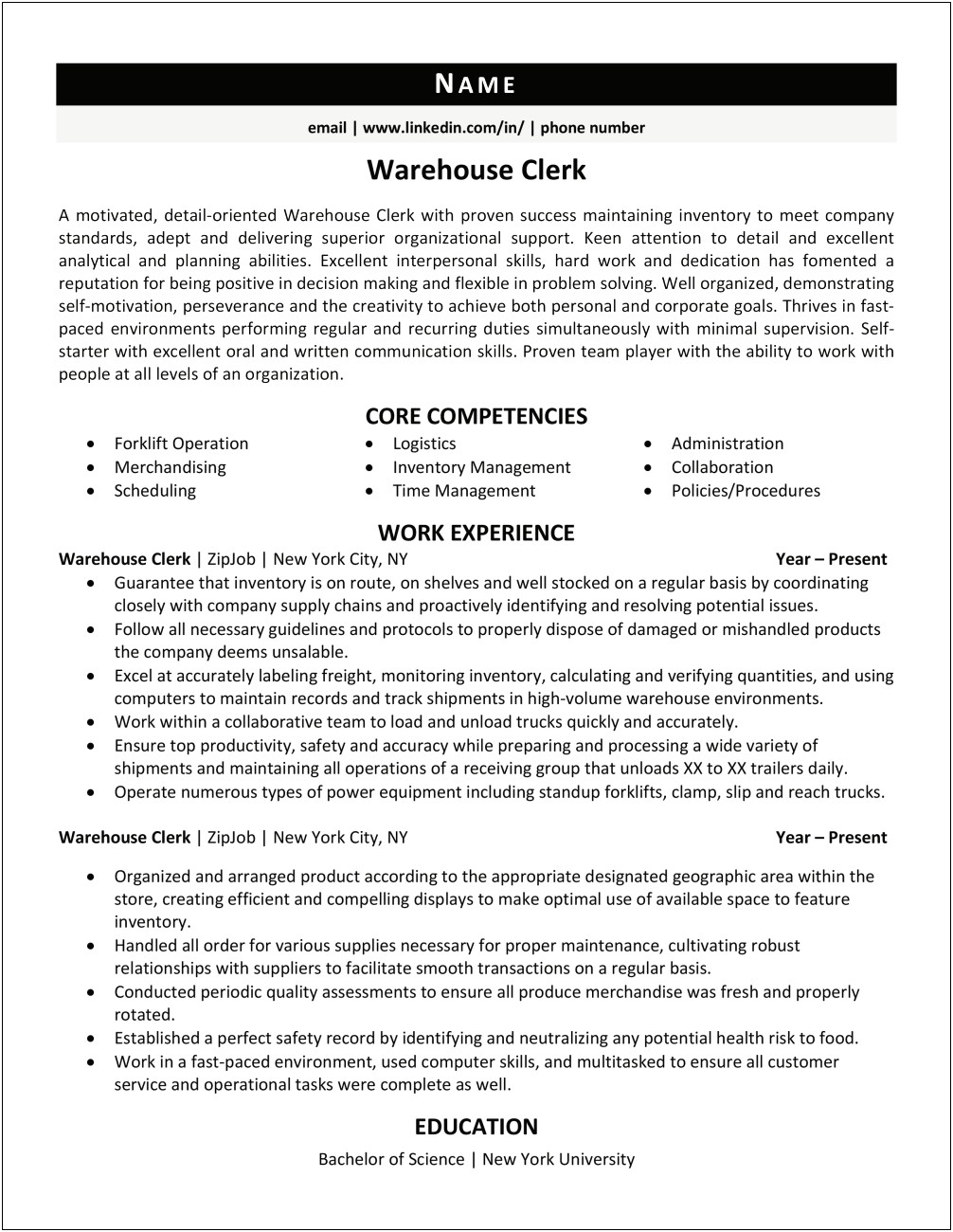 Objective For Resume For Warehouse Work