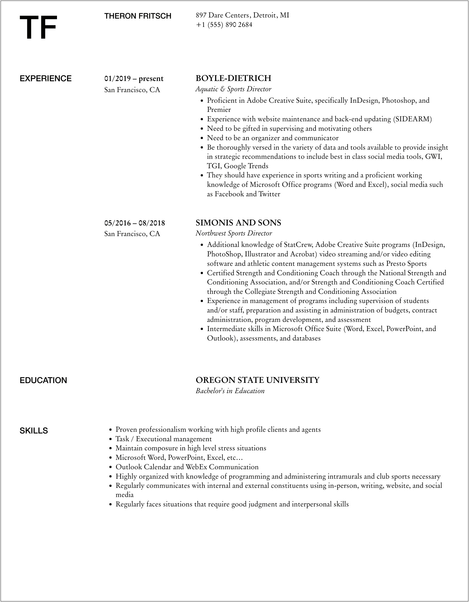 Objective For Sports Director Parks And Recreation Resume