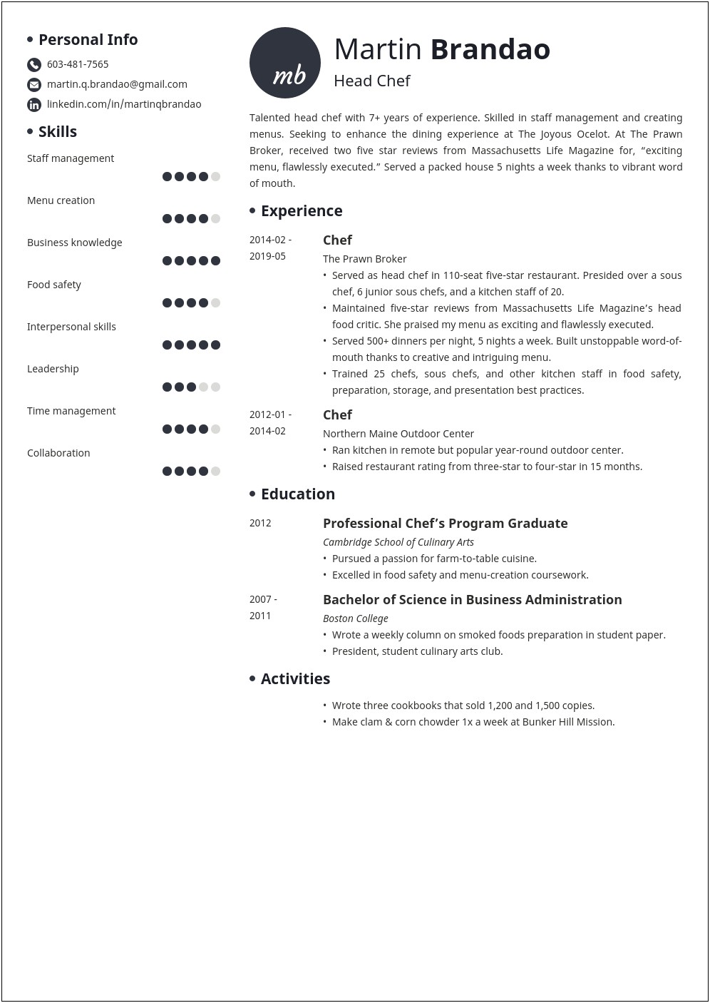 Objective In Resume For Culinary Arts