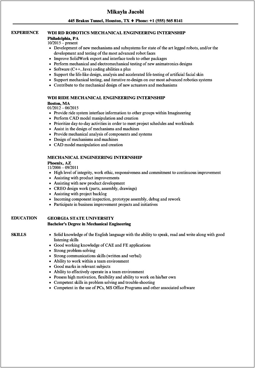 Objective In Resume For Engineering Internship