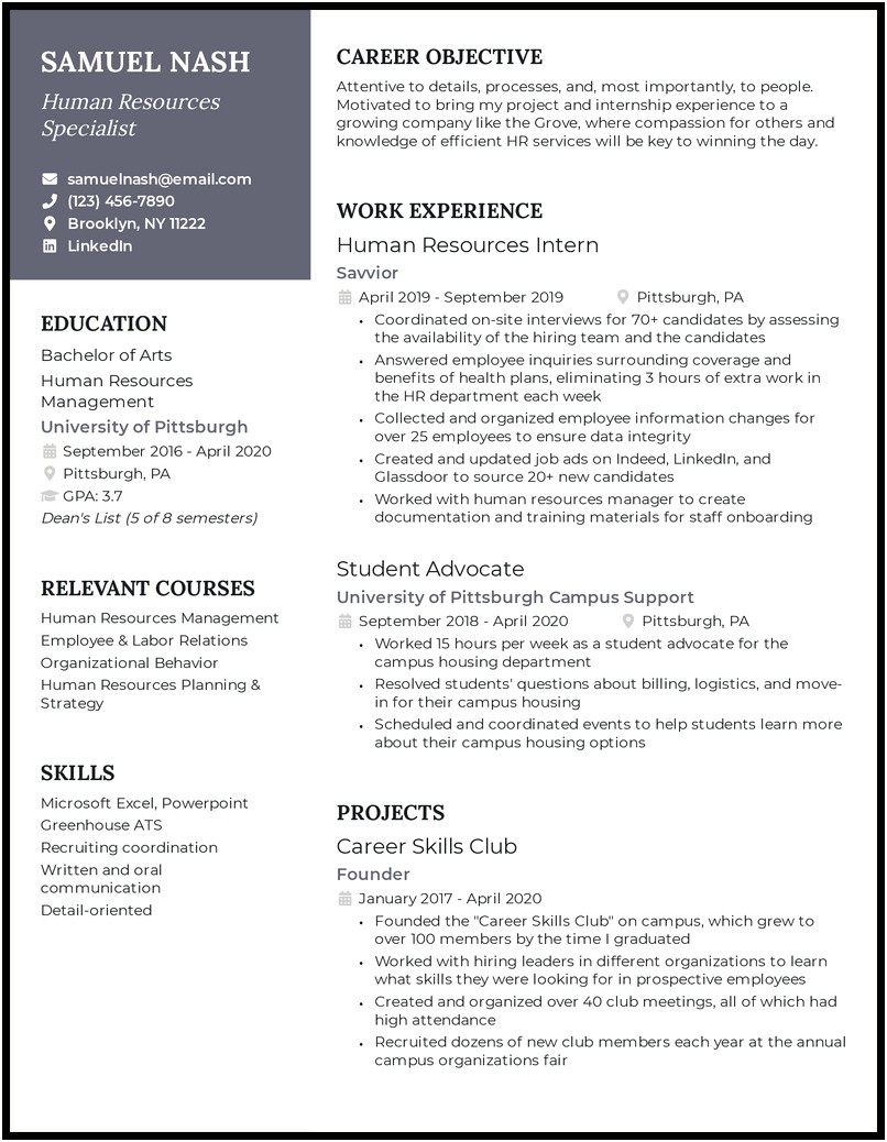 Objective In Resume For Fresh Graduate Human Resource