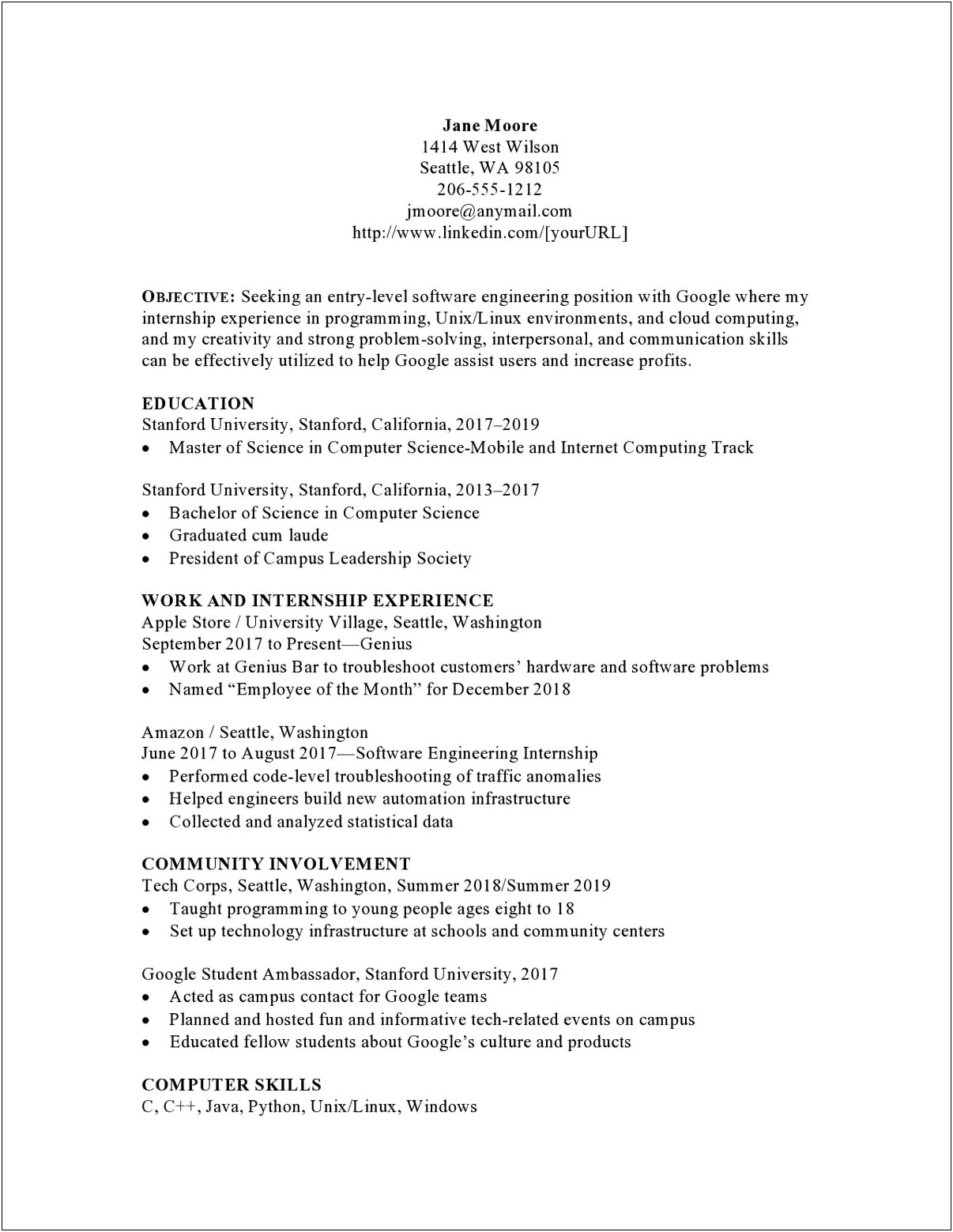 Objective In Resume For Internship In Computer Science