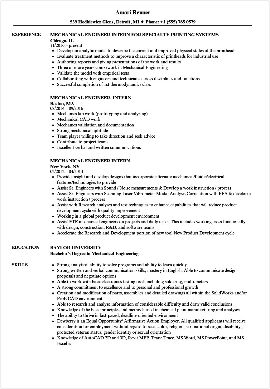 Objective In Resume For Internship In Engineering
