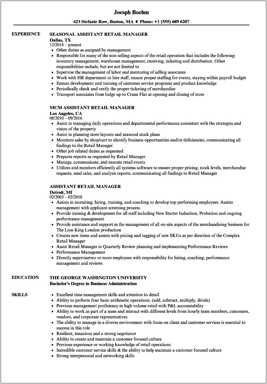 Objective Line For Retail Manager Resume