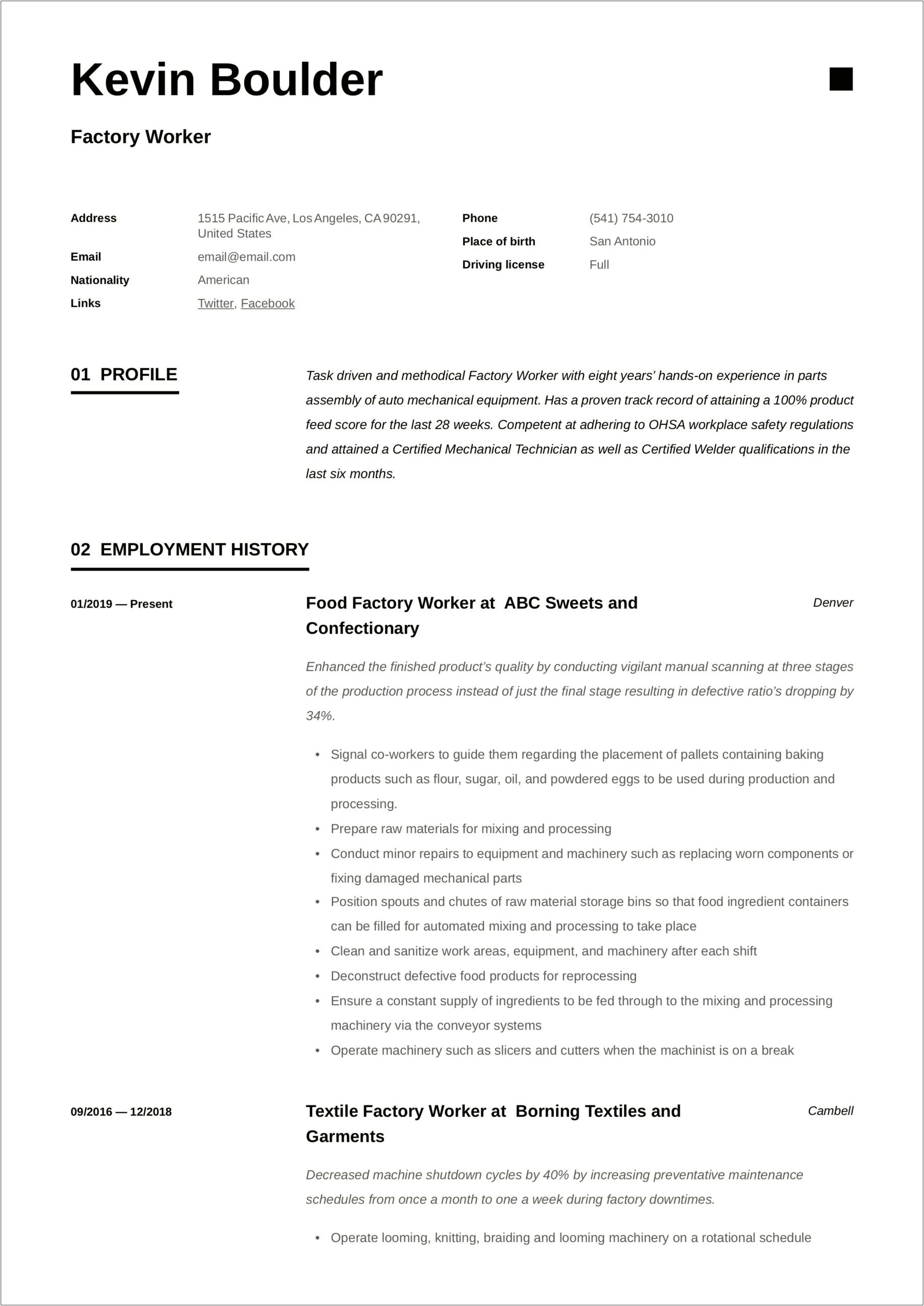Objective Of A Resume For Factory Job