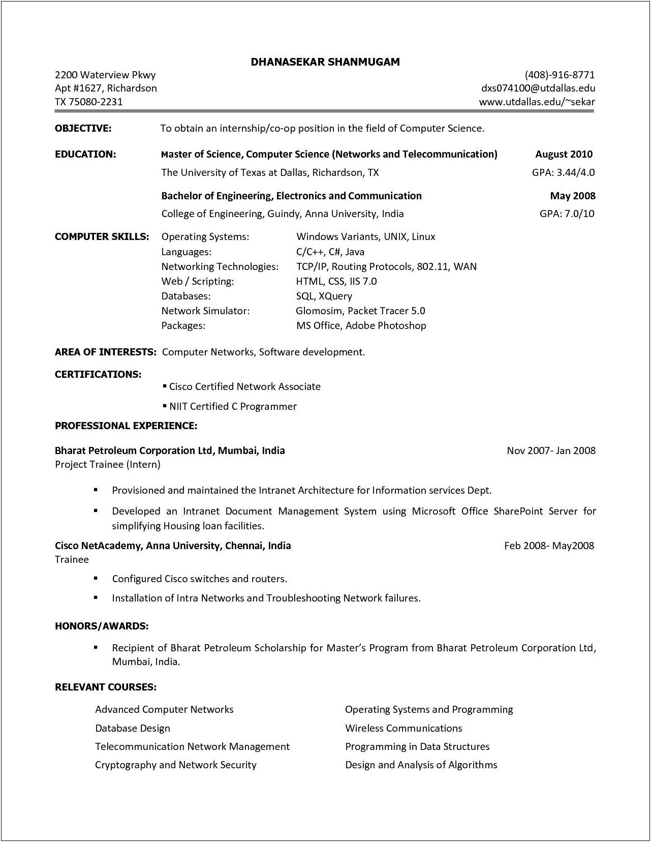 Objective Of Resume For College Student
