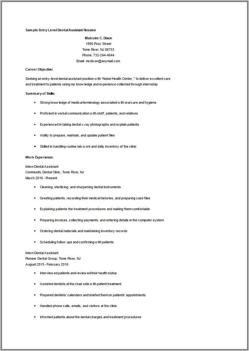 Objective On A Resume Dental Assistant