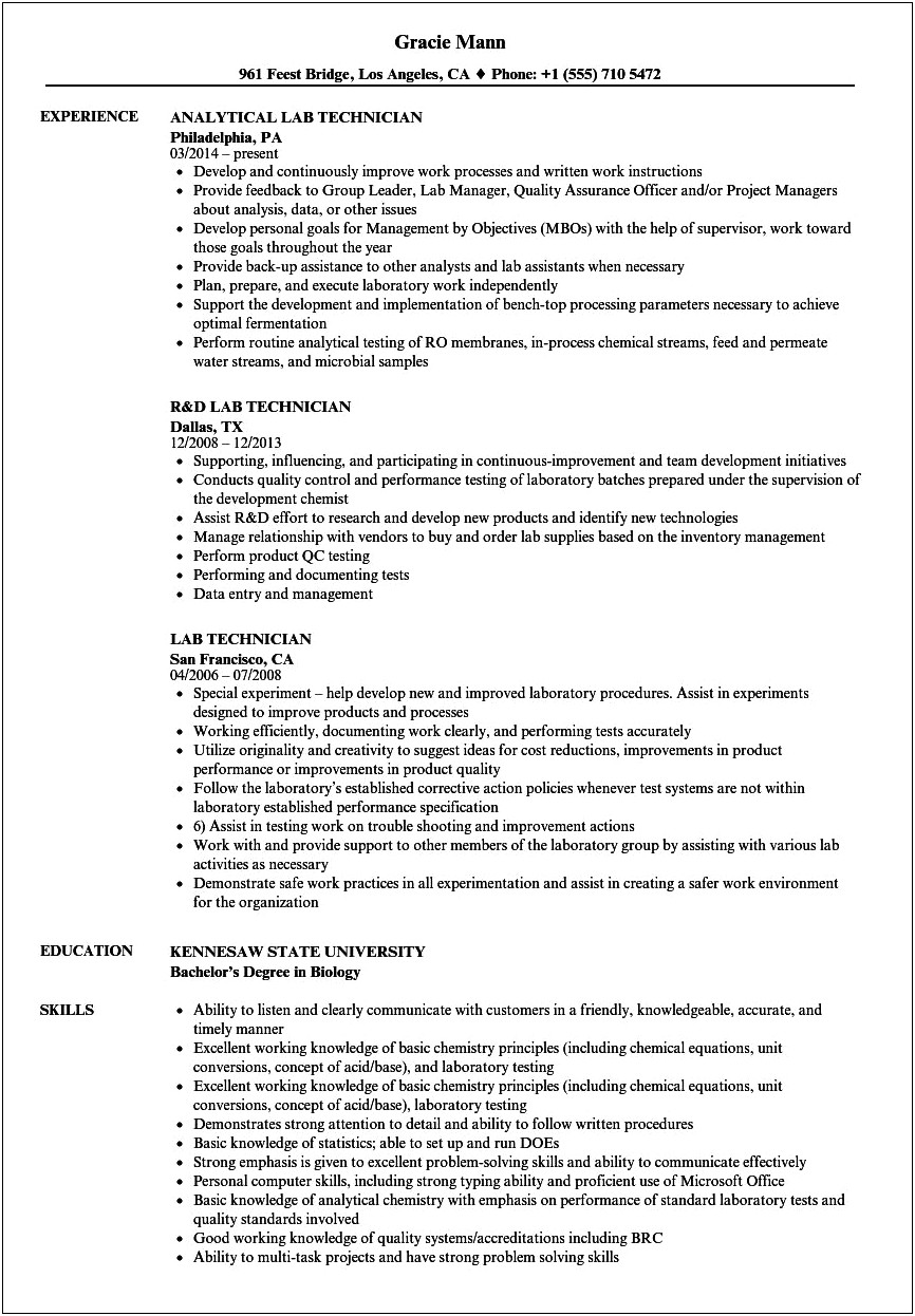 Objective On A Resume For Lab Technician