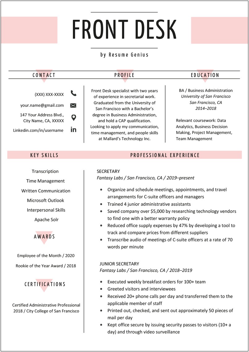 Objective On Resume For Customer Service Receptionist