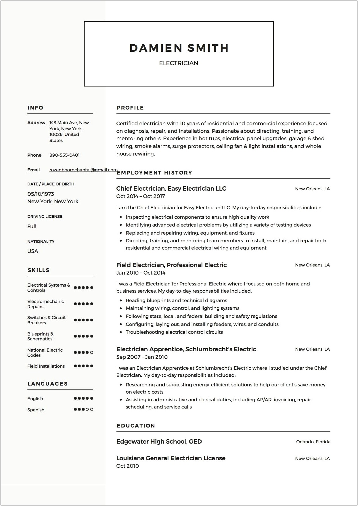 Objective On Resume For Experience Electrician