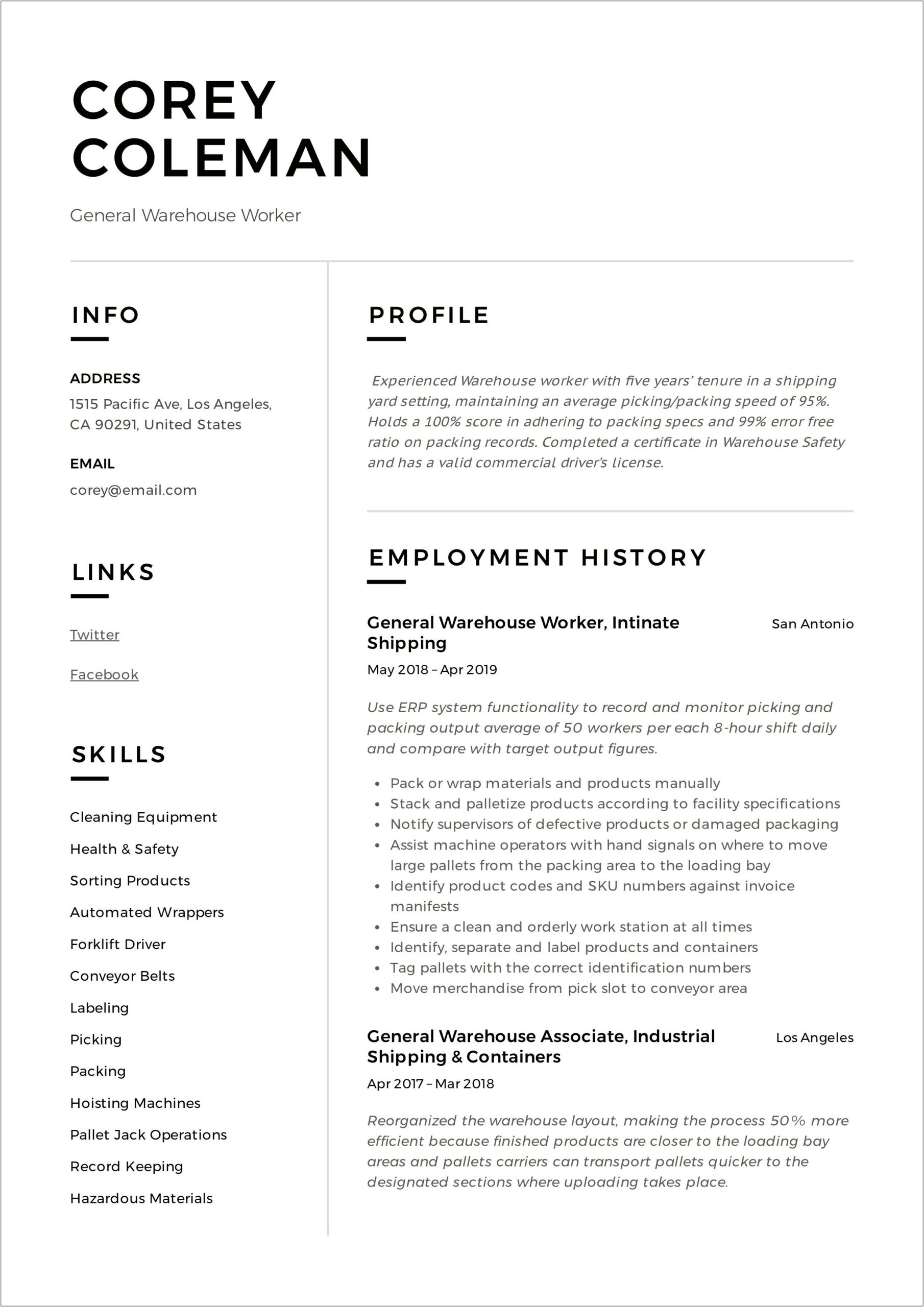 Objective On Resume For Warehouse Worker