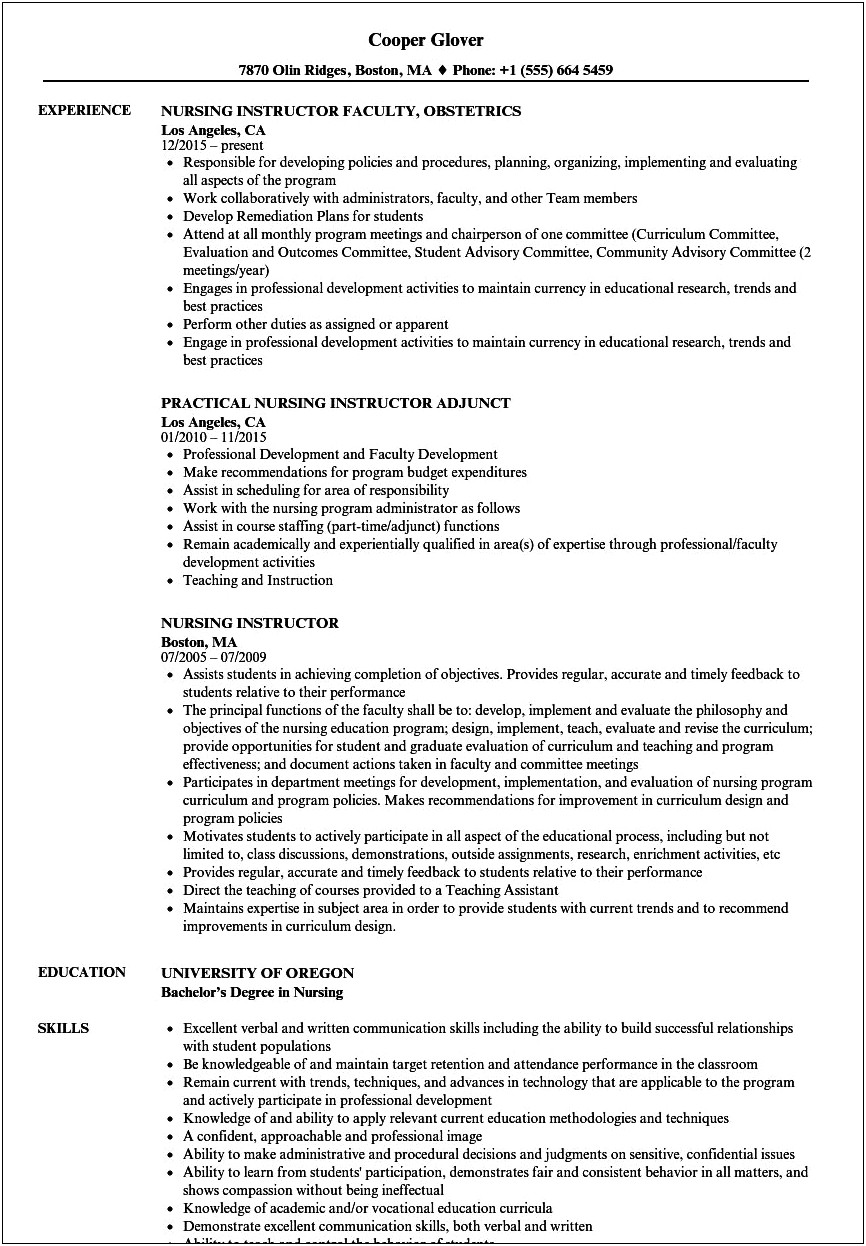Objective On Resume Of Clinical Nursing Instructor