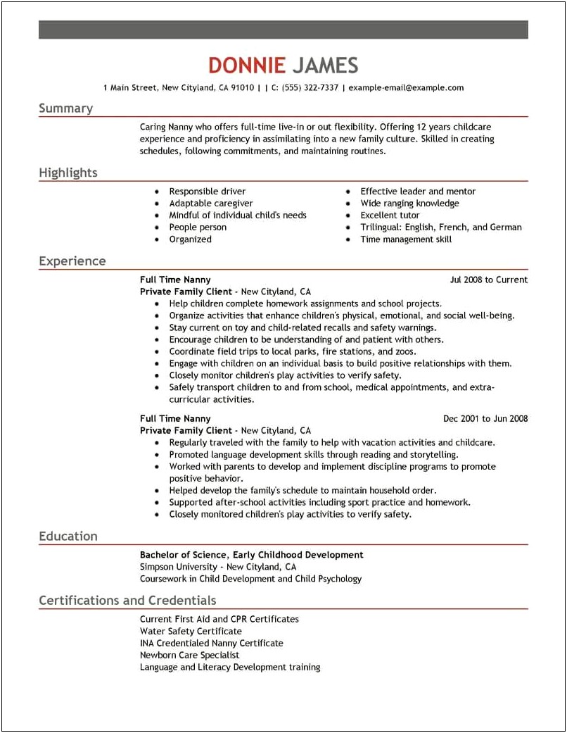 Objective Part Of Resume For A Nanny Position
