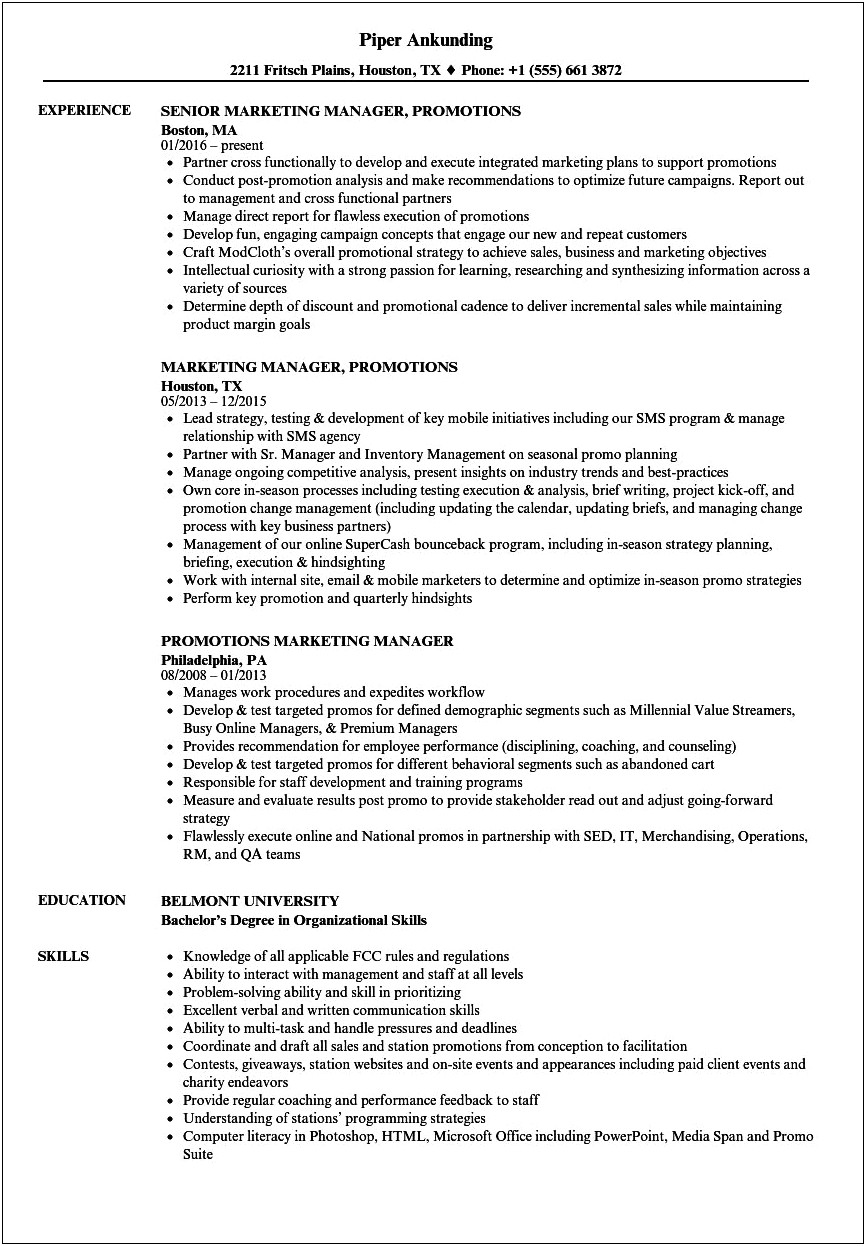 Objective Resume For Advertising Promotion Examples